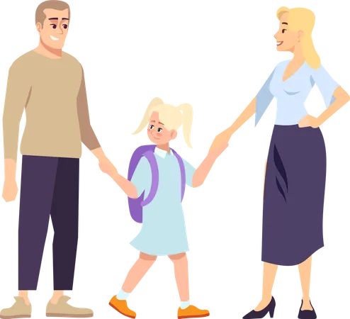 Parents and daughter schoolgirl holding hands Illustration