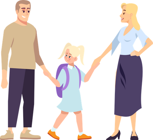 Parents and daughter schoolgirl holding hands  Illustration