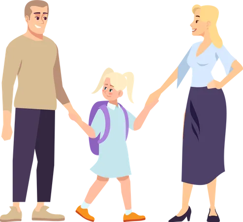 Parents and daughter schoolgirl holding hands  Illustration