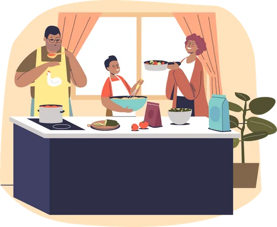 Parents and kid together in kitchen making food  Illustration