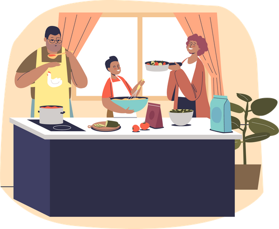 Parents and kid together in kitchen making food  イラスト