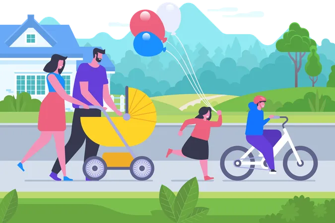 Parents And Kids Bonding Flat Vector Illustration Mother Father Son And Daughter Cartoon Characters People Celebrating Family Day Young Couple With Pram Boy Riding Bike Girl Holding Balloons Illustration
