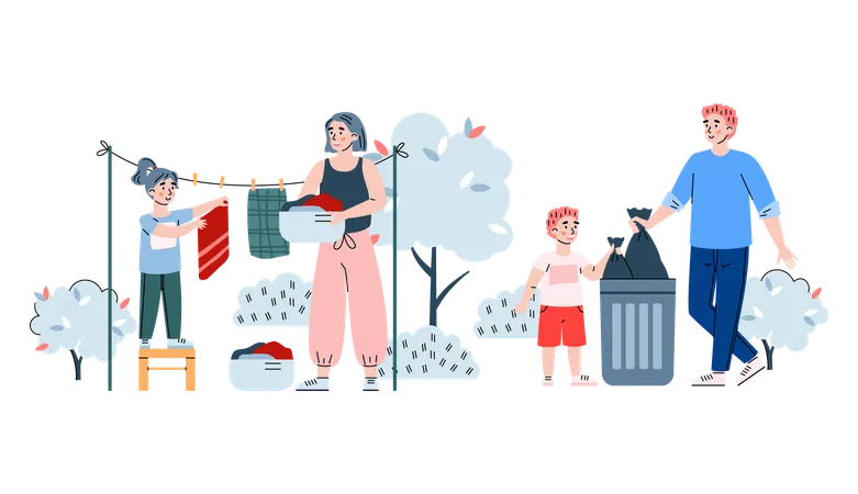 Parents and kids busy with household chores in yard  Illustration