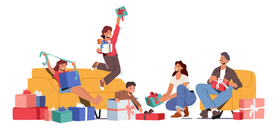 Parents And Kids Changing Presents On Holiday Illustration