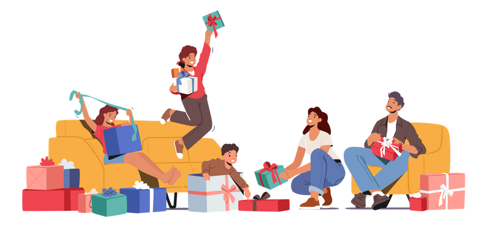 Parents And Kids Changing Presents On Holiday  Illustration