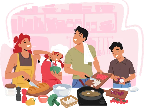 Parents And Kids Joyfully Collaborate In The Kitchen Sharing Laughter And Culinary Secrets As They Whip Up Delicious Dishes Fostering Family Bonds And Culinary Skills Cartoon Vector Illustration 일러스트레이션