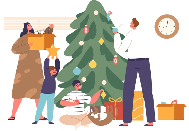 Parents And Kids Family Characters Gather Joyfully Around A Twinkling Christmas Tree Sharing Laughter And Hanging Ornaments To Create Cherished Holiday Memories Together Cartoon Vector Illustration Illustration