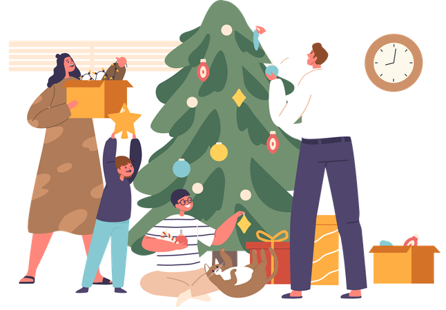 Parents And Kids decorating Christmas Tree  Illustration