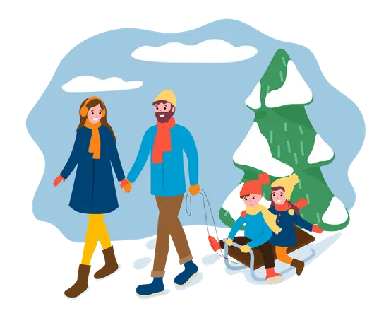 Parents and kids enjoying winter activity Illustration