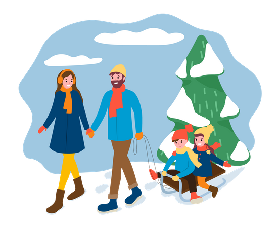 Parents and kids enjoying winter activity  Illustration