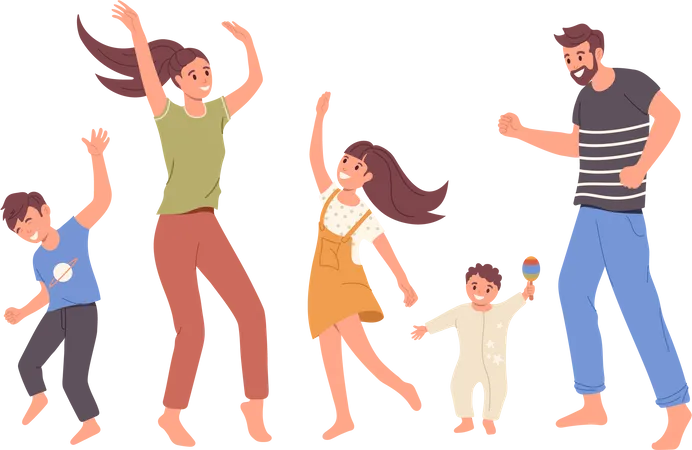 Happy Family With Children Dancing Cheerful Parents And Kids Having Good Time Together Overjoyed Man And Woman Couple Relaxing With Little Ones Vector Illustration Isolated On White Background Illustration
