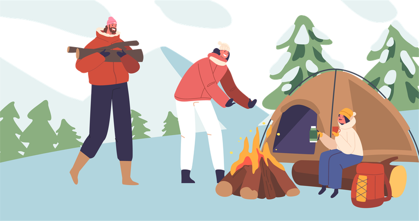 Parents and Little Daughter at Winter Camp  Illustration
