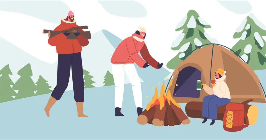Parents And Little Daughter At Winter Camp A Snowy Wonderland Where Family Characters Bond By The Fire And Create Cherished Memories In The Heart Of Winter Beauty Cartoon People Vector Illustration Illustration