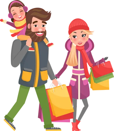 Parents And Little Girl Do Shopping On Christmas Dad And Mom With Bags Or Packs Holiday Gifts For Family Members Father Carrying Daughter On Shoulders イラスト