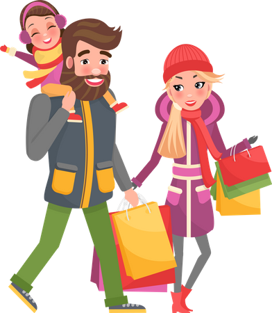 Parents and Little Girl Do Shopping on Christmas  Illustration