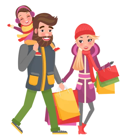Parents and Little Girl Doing Shopping on Christmas Illustration