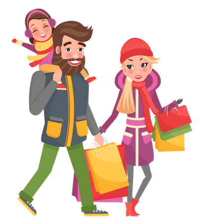 Parents and Little Girl Doing Shopping on Christmas  Illustration