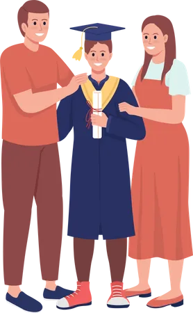 Parents And Son Alumnus Semi Flat Color Vector Characters Standing Figures Full Body People On White Graduation Ceremony Simple Cartoon Style Illustration For Web Graphic Design And Animation Illustration