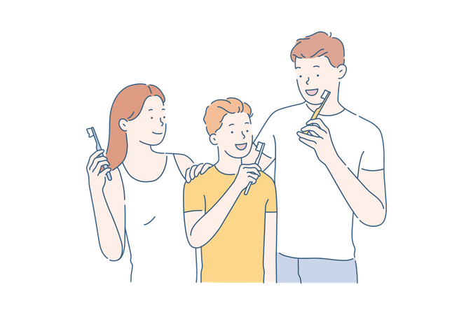 Parents and son brushing together  Illustration