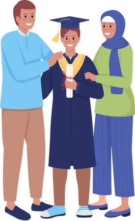 Parents And Son Graduate Semi Flat Color Vector Characters Standing Figures Full Body People On White Graduation Ceremony Simple Cartoon Style Illustration For Web Graphic Design And Animation Illustration
