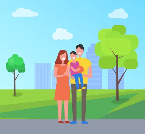 Parents and Son in City Park  Illustration