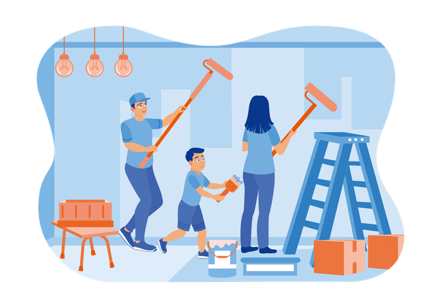 Parents And Son Painting Walls Of House Together  Illustration