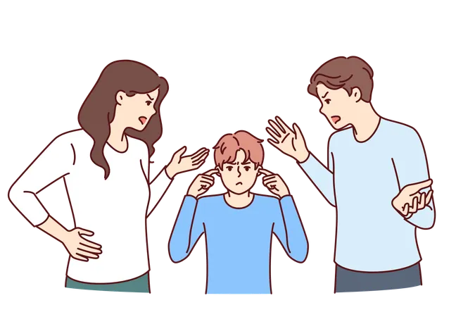 Kid Stands Between Screaming Parents Scolding Son For Pranks Or Poor School Performance Schoolboy Closes Ears Not Wanting To Listen To Abuse Of Mom And Dad And Suffering From Nervous Parents Illustration