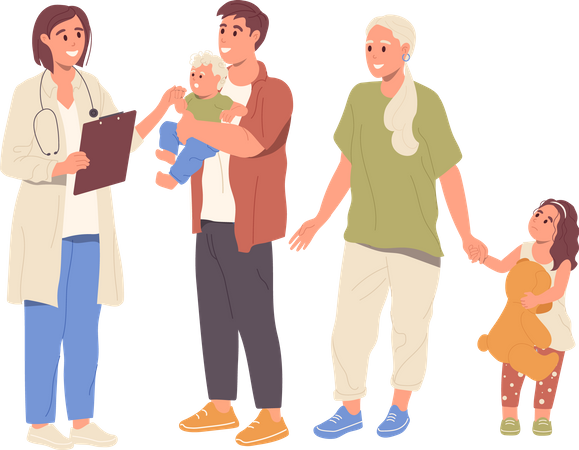 Les parents avec enfants consultent le médecin de famille  Illustration