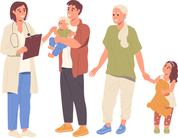 Les parents avec enfants consultent le médecin de famille  Illustration