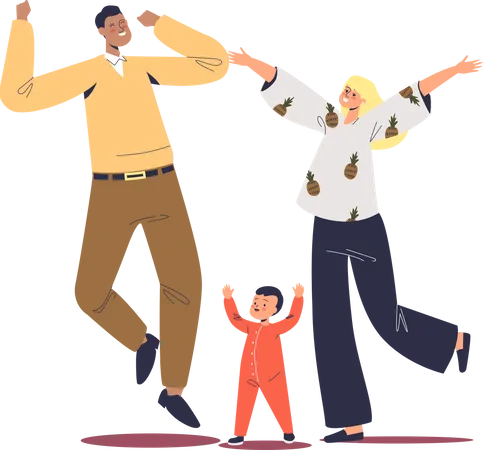 Happy Parents Jumping Up With Little Baby Kid Cheerful Young Mom Dad And Small Boy Jump Having Fun Cheering Family Happiness And Parenting Concept Cartoon Flat Vector Illustration Illustration