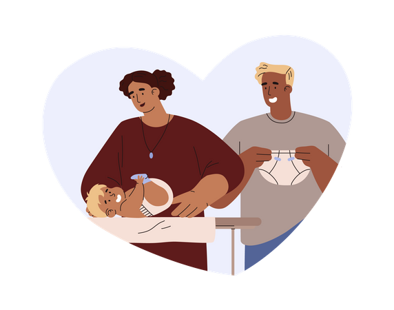 Parents changing baby diaper  Illustration