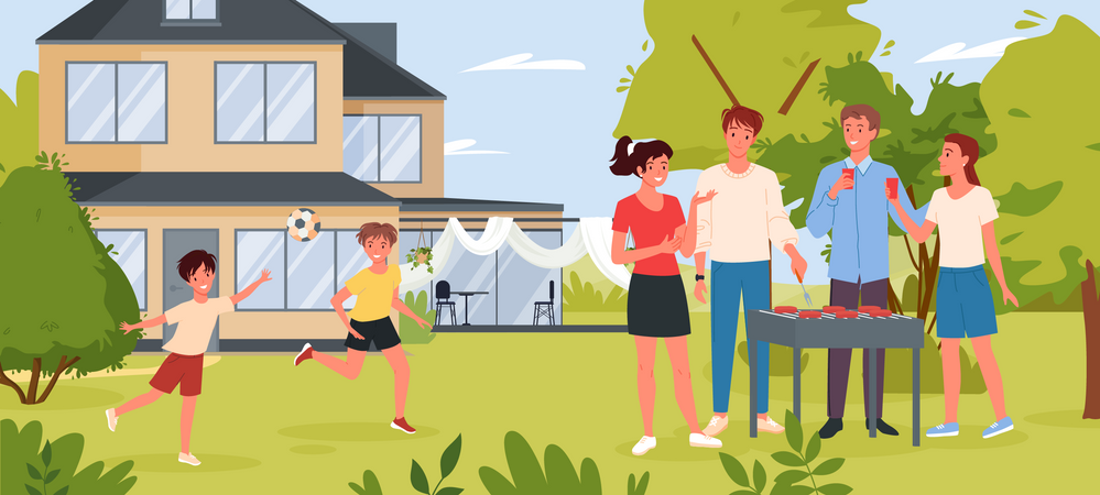 Parents cuisinant un barbecue dans la cour  Illustration