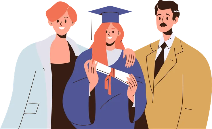 Parents debout et fiers de leur jeune fille titulaire d'un diplôme le jour de la remise des diplômes  Illustration