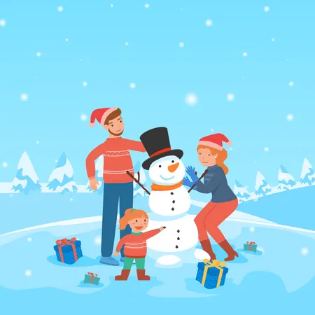 Parent And Child In Winter With Snowman Illustration