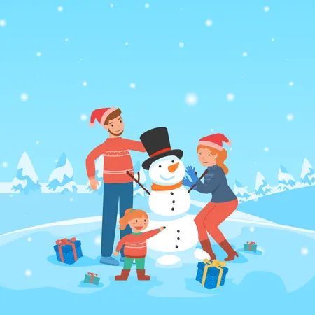 Parents decorating snowman  Illustration