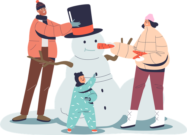 Parents decorating snowman with kid Illustration