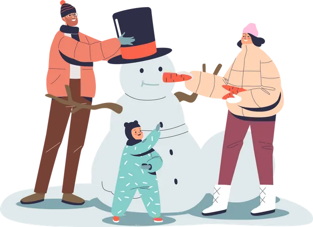Parents decorating snowman with kid  Illustration