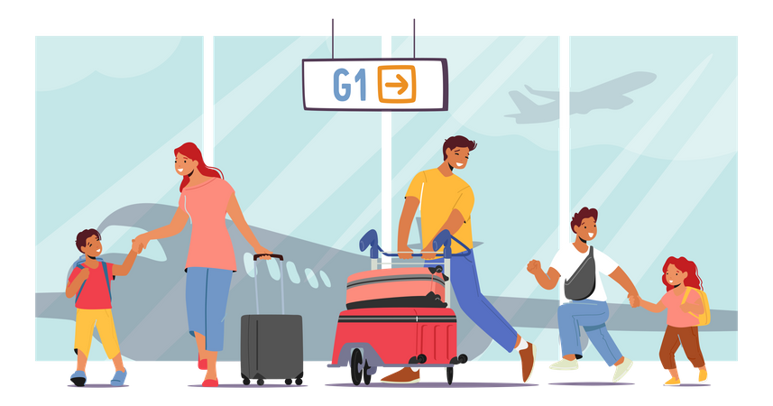 Parents et enfants dans le terminal de l'aéroport  Illustration