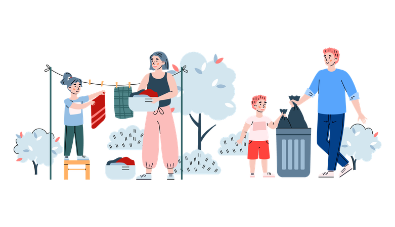 Parents et enfants occupés aux tâches ménagères dans la cour  Illustration
