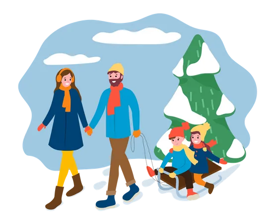 Parents et enfants profitant des activités hivernales  Illustration