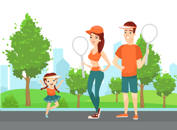 Parents et fille jouant au badminton dans le parc  Illustration