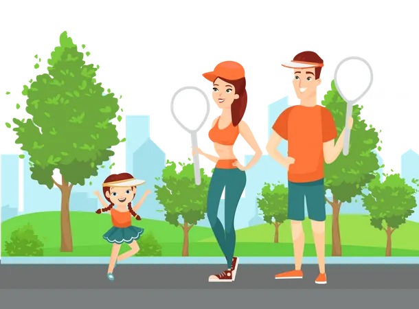 Parents et fille jouant au badminton dans le parc  Illustration