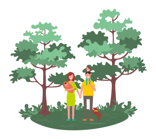 Parents going outside with their daughter Illustration