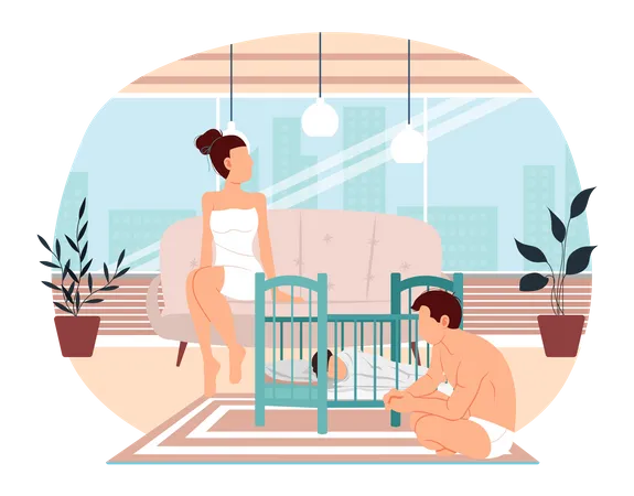Husband And Wife Put Child To Bed People In Underwear Spend Time After Bath Together At Home Mother And Father With Their Baby Parents Help Child To Fall Asleep Family Is Resting And Communicating Illustration