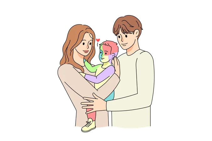 Parents hug small child with autism  Illustration