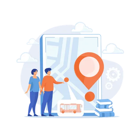 Parents looking at school bus location pin and map on tablet. Child tracking system, school bus route, child safety, security concious parents concept, flat vector modern illustration  Illustration