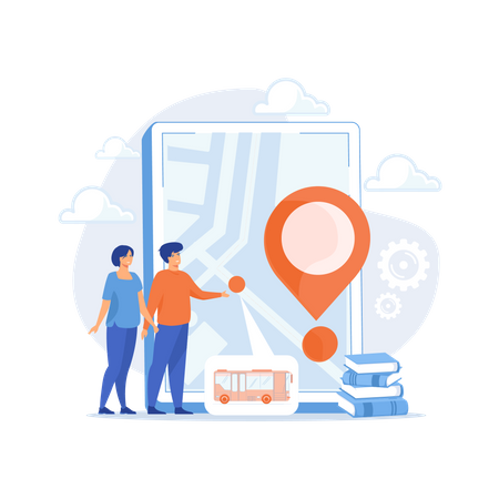 Parents looking at school bus location pin and map on tablet. Child tracking system, school bus route, child safety, security concious parents concept, flat vector modern illustration  イラスト