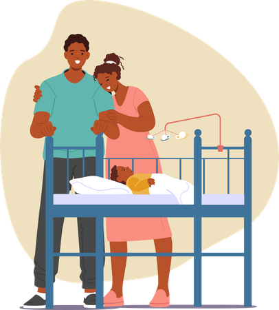 Parents Observing Their Baby Peacefully Sleeping In A Cot  Illustration