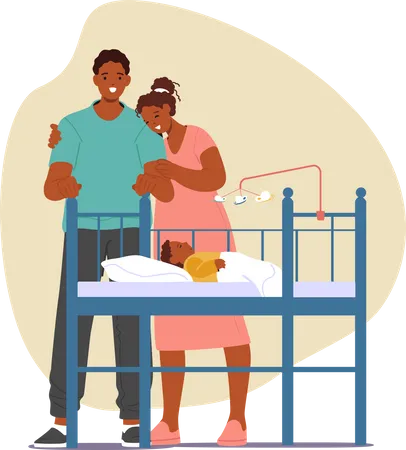 Parents Observing Their Baby Peacefully Sleeping In A Cot  Illustration