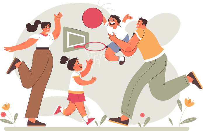 Parents playing basketball with children  Illustration